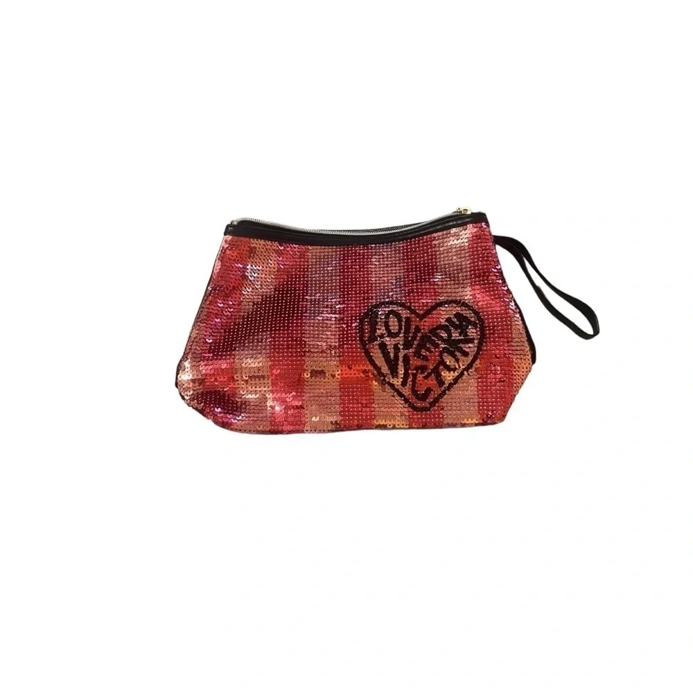 Victorias secret striped logo sequin wristlet makeup travel pouch bag EUC